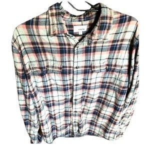 SONOMA Pink Gray Navy Blue Long Sleeve Plaid Button Up Flannel Shirt Women’s L